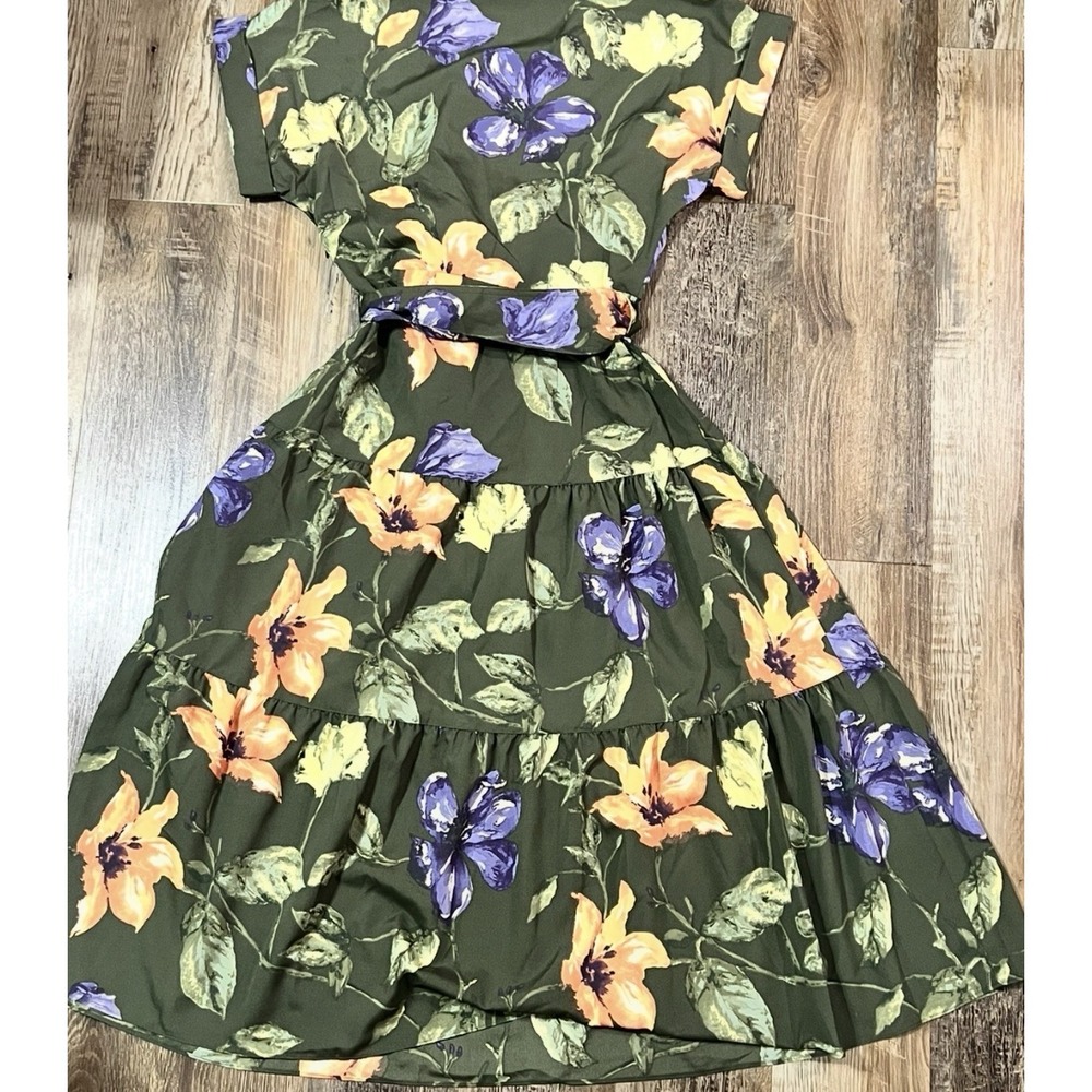 LRL Ralph Lauren Floral Belted Vneck Dress Womens Sz 2 Green Midi NWT
